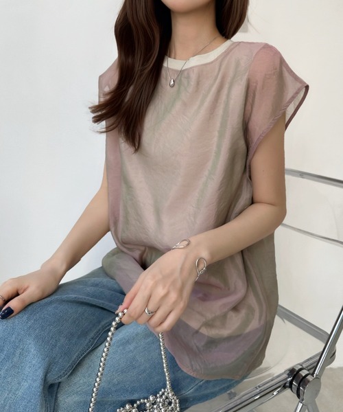 Eclat one(エクラワン)の「1枚で最旬レイヤード。チュールドッキングフレンチスリーブTシャツ(Tシャツ/カットソー・レディース・オフホワイト/ベージュ/ブラック・FREE)」の5枚目の写真
