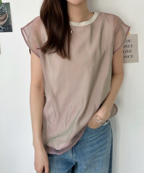 Eclat one(エクラワン)の「1枚で最旬レイヤード。チュールドッキングフレンチスリーブTシャツ(Tシャツ/カットソー・レディース・オフホワイト/ベージュ/ブラック・FREE)」の4枚目の写真