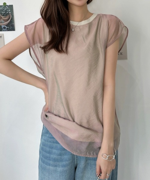 Eclat one(エクラワン)の「1枚で最旬レイヤード。チュールドッキングフレンチスリーブTシャツ(Tシャツ/カットソー・レディース・オフホワイト/ベージュ/ブラック・FREE)」の8枚目の写真