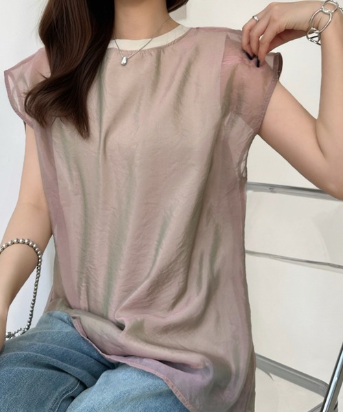 Eclat one(エクラワン)の「1枚で最旬レイヤード。チュールドッキングフレンチスリーブTシャツ(Tシャツ/カットソー・レディース・オフホワイト/ベージュ/ブラック・FREE)」の9枚目の写真