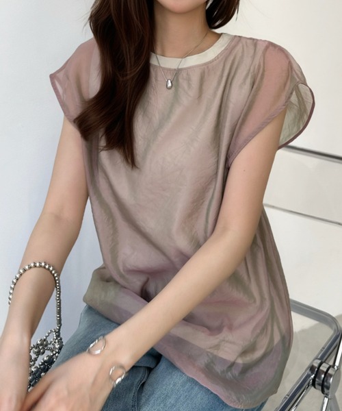 Eclat one(エクラワン)の「1枚で最旬レイヤード。チュールドッキングフレンチスリーブTシャツ(Tシャツ/カットソー・レディース・オフホワイト/ベージュ/ブラック・FREE)」の7枚目の写真