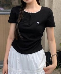 ワンポイントリボンTシャツレース配色半袖