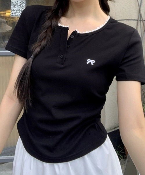 Miniministore(ミニミニストア)の「ワンポイントリボンTシャツレース配色半袖(Tシャツ/カットソー・レディース・ブラック/ライトグレー・FREE)」の7枚目の写真