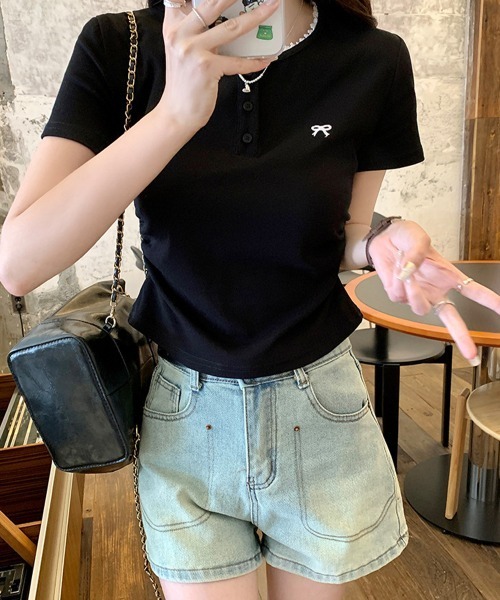 Miniministore(ミニミニストア)の「ワンポイントリボンTシャツレース配色半袖(Tシャツ/カットソー・レディース・ブラック/ライトグレー・FREE)」の12枚目の写真