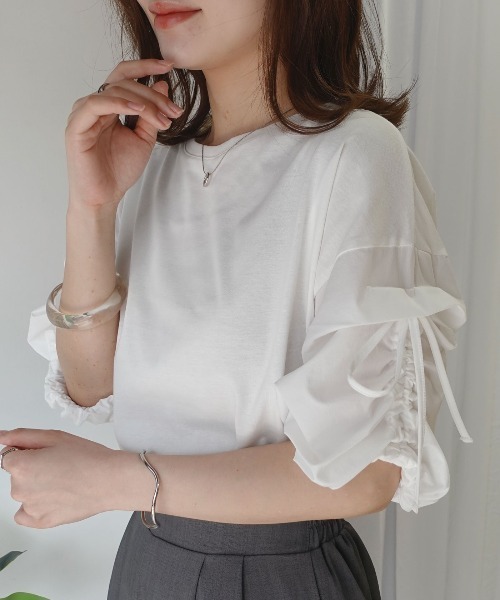 CORNERS(コーナーズ)の「異素材シャーリング袖トップス【接触冷感】(Tシャツ/カットソー・レディース・ブラック/オフホワイト・FREE)」の9枚目の写真