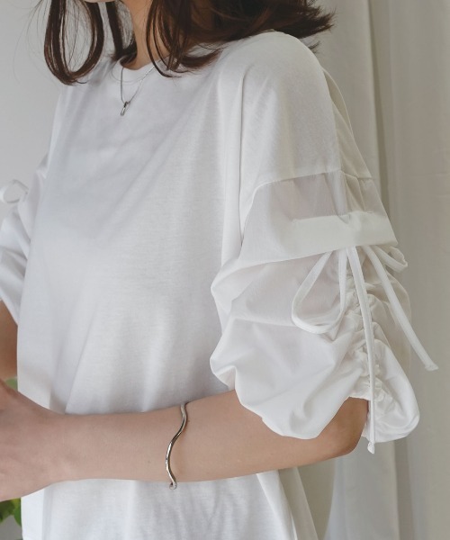 CORNERS(コーナーズ)の「異素材シャーリング袖トップス【接触冷感】(Tシャツ/カットソー・レディース・ブラック/オフホワイト・FREE)」の19枚目の写真