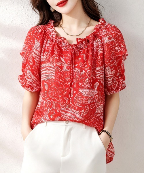 ONEP STAR(ワンピスター)の「ペイズリーギャザーブラウス(シャツ/ブラウス・レディース・ブラック/レッド・X-LARGE/LARGE/MEDIUM)」の6枚目の写真