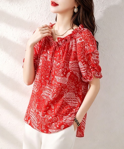 ONEP STAR(ワンピスター)の「ペイズリーギャザーブラウス(シャツ/ブラウス・レディース・ブラック/レッド・X-LARGE/LARGE/MEDIUM)」の7枚目の写真