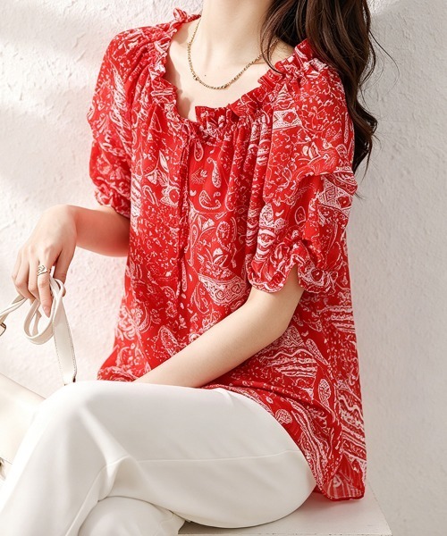 ONEP STAR(ワンピスター)の「ペイズリーギャザーブラウス(シャツ/ブラウス・レディース・ブラック/レッド・X-LARGE/LARGE/MEDIUM)」の8枚目の写真