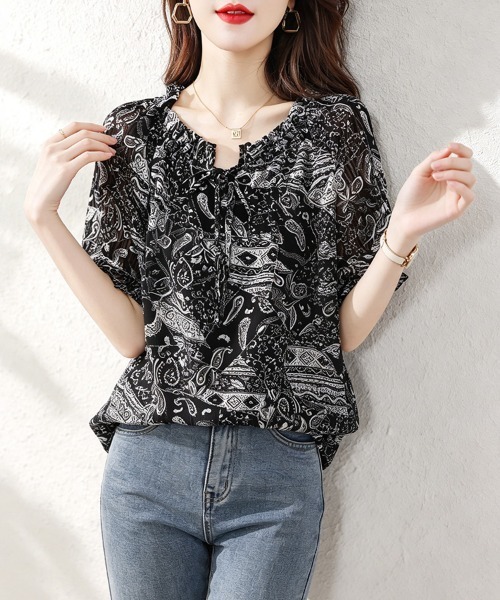 ONEP STAR(ワンピスター)の「ペイズリーギャザーブラウス(シャツ/ブラウス・レディース・ブラック/レッド・X-LARGE/LARGE/MEDIUM)」の13枚目の写真