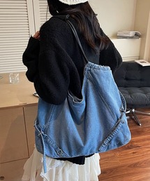 サイドベルトデザインデニムBIGトートバッグ