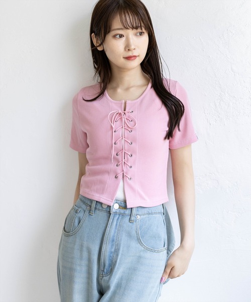 clear（クリア）の「フロントスピンドル半袖リブカットソー［骨格ストレート／カジュアル／韓国ファッション／Y2K］（Tシャツ/カットソー・レディース・アイボリー/ブラック/ピンク/サックスブルー/ネイビー・F）」の5枚目の写真