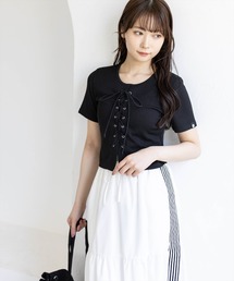 clear | フロントスピンドル半袖リブカットソー［骨格ストレート／カジュアル／韓国ファッション／Y2K］(Tシャツ/カットソー)