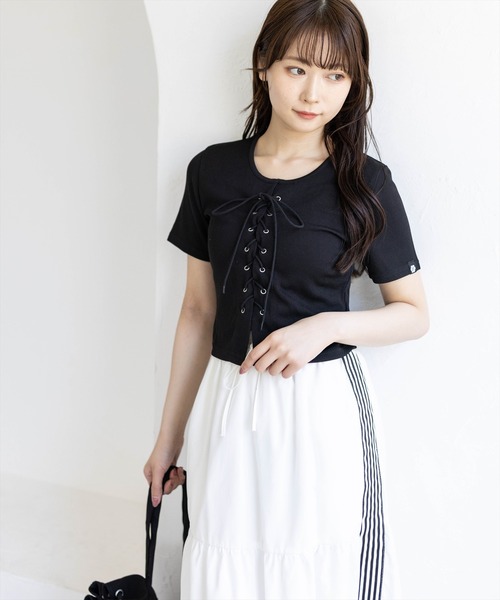 clear（クリア）の「フロントスピンドル半袖リブカットソー［骨格ストレート／カジュアル／韓国ファッション／Y2K］（Tシャツ/カットソー・レディース・アイボリー/ブラック/ピンク/サックスブルー/ネイビー・F）」の2枚目の写真