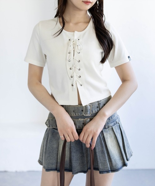 clear（クリア）の「フロントスピンドル半袖リブカットソー［骨格ストレート／カジュアル／韓国ファッション／Y2K］（Tシャツ/カットソー・レディース・アイボリー/ブラック/ピンク/サックスブルー/ネイビー・F）」の6枚目の写真