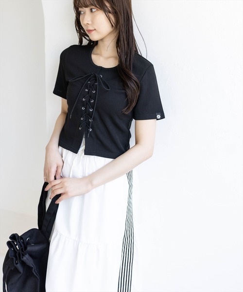 clear（クリア）の「フロントスピンドル半袖リブカットソー［骨格ストレート／カジュアル／韓国ファッション／Y2K］（Tシャツ/カットソー・レディース・アイボリー/ブラック/ピンク/サックスブルー/ネイビー・F）」の10枚目の写真