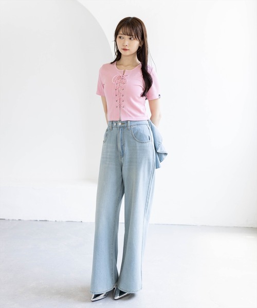 clear（クリア）の「フロントスピンドル半袖リブカットソー［骨格ストレート／カジュアル／韓国ファッション／Y2K］（Tシャツ/カットソー・レディース・アイボリー/ブラック/ピンク/サックスブルー/ネイビー・F）」の17枚目の写真