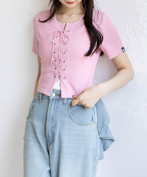 clear（クリア）の「フロントスピンドル半袖リブカットソー［骨格ストレート／カジュアル／韓国ファッション／Y2K］（Tシャツ/カットソー・レディース・アイボリー/ブラック/ピンク/サックスブルー/ネイビー・F）」の16枚目の写真