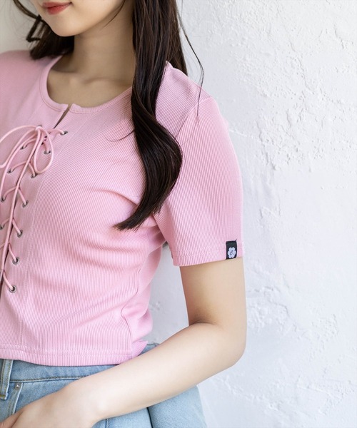 clear（クリア）の「フロントスピンドル半袖リブカットソー［骨格ストレート／カジュアル／韓国ファッション／Y2K］（Tシャツ/カットソー・レディース・アイボリー/ブラック/ピンク/サックスブルー/ネイビー・F）」の15枚目の写真
