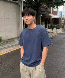 ガーメントダイピグメント半袖Tシャツスティールブルー