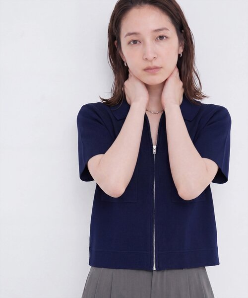 natural couture（ナチュラルクチュール）の「衿付き半袖ZIPカーディガン（カーディガン/ボレロ・レディース・ネイビー/ブラウン/オフホワイト/サックスブルー・FREE）」の3枚目の写真