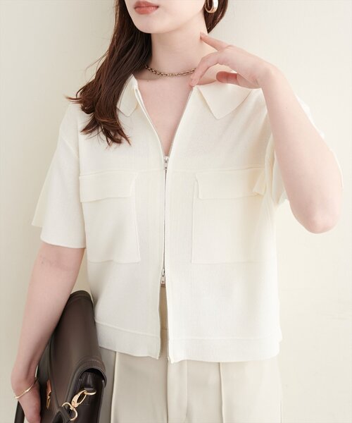natural couture（ナチュラルクチュール）の「衿付き半袖ZIPカーディガン（カーディガン/ボレロ・レディース・ネイビー/ブラウン/オフホワイト/サックスブルー・FREE）」の5枚目の写真