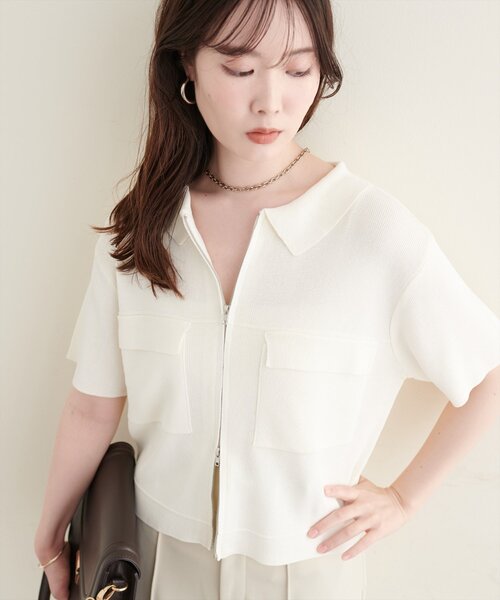 natural couture（ナチュラルクチュール）の「衿付き半袖ZIPカーディガン（カーディガン/ボレロ・レディース・ネイビー/ブラウン/オフホワイト/サックスブルー・FREE）」の6枚目の写真