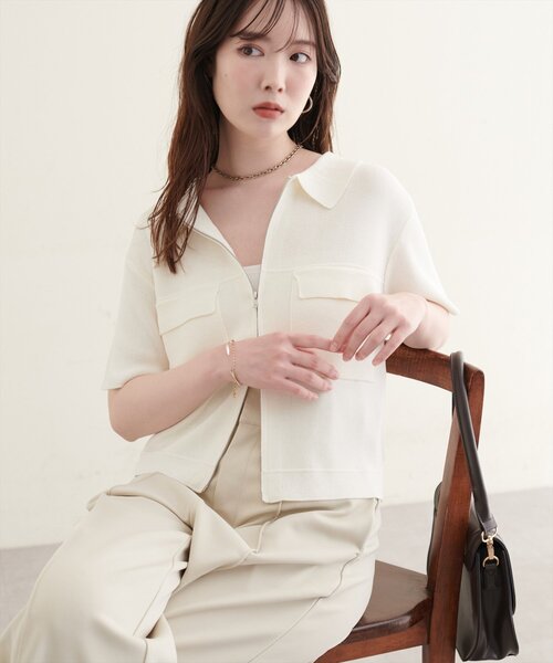 natural couture（ナチュラルクチュール）の「衿付き半袖ZIPカーディガン（カーディガン/ボレロ・レディース・ネイビー/ブラウン/オフホワイト/サックスブルー・FREE）」の7枚目の写真