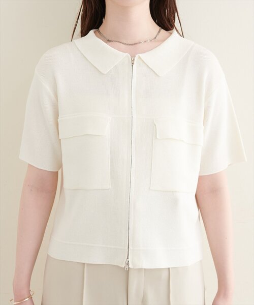 natural couture（ナチュラルクチュール）の「衿付き半袖ZIPカーディガン（カーディガン/ボレロ・レディース・ネイビー/ブラウン/オフホワイト/サックスブルー・FREE）」の9枚目の写真