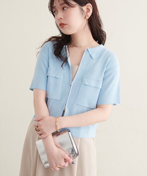 natural couture（ナチュラルクチュール）の「衿付き半袖ZIPカーディガン（カーディガン/ボレロ・レディース・ネイビー/ブラウン/オフホワイト/サックスブルー・FREE）」の18枚目の写真
