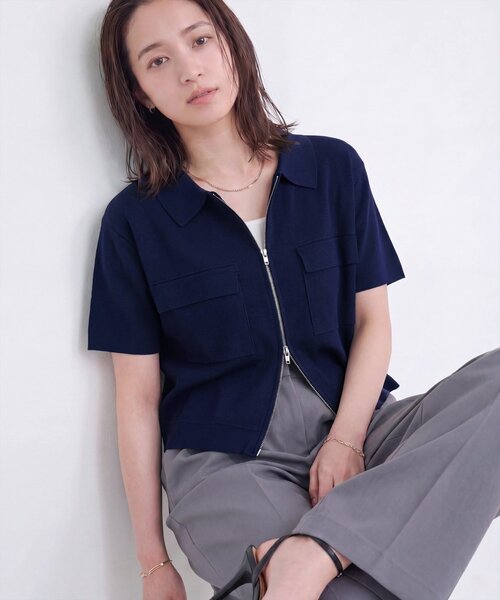 natural couture（ナチュラルクチュール）の「衿付き半袖ZIPカーディガン（カーディガン/ボレロ・レディース・ネイビー/ブラウン/オフホワイト/サックスブルー・FREE）」の22枚目の写真