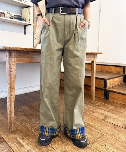 DOUBLE NAME(ダブルネーム)の「ヘリンボーンツイル×チェック タックワイドパンツ(その他パンツ・レディース・カーキ/オレンジ/ブラック・FREE)」の8枚目の写真