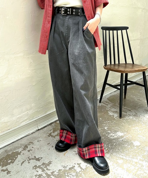 DOUBLE NAME(ダブルネーム)の「ヘリンボーンツイル×チェック タックワイドパンツ(その他パンツ・レディース・カーキ/オレンジ/ブラック・FREE)」の6枚目の写真