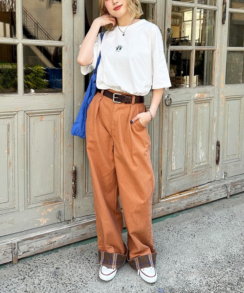 DOUBLE NAME(ダブルネーム)の「ヘリンボーンツイル×チェック タックワイドパンツ(その他パンツ・レディース・カーキ/オレンジ/ブラック・FREE)」の14枚目の写真