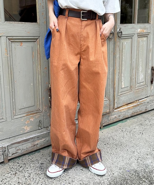 DOUBLE NAME(ダブルネーム)の「ヘリンボーンツイル×チェック タックワイドパンツ(その他パンツ・レディース・カーキ/オレンジ/ブラック・FREE)」の15枚目の写真