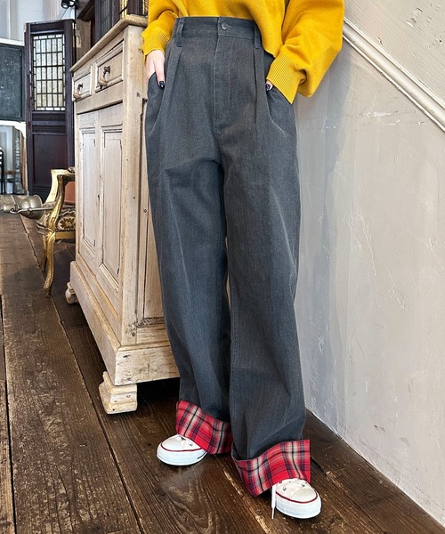 DOUBLE NAME(ダブルネーム)の「ヘリンボーンツイル×チェック タックワイドパンツ(その他パンツ・レディース・カーキ/オレンジ/ブラック・FREE)」の17枚目の写真