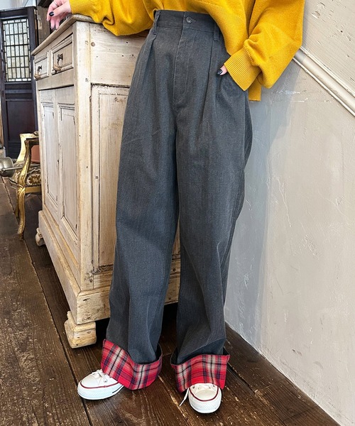DOUBLE NAME(ダブルネーム)の「ヘリンボーンツイル×チェック タックワイドパンツ(その他パンツ・レディース・カーキ/オレンジ/ブラック・FREE)」の10枚目の写真