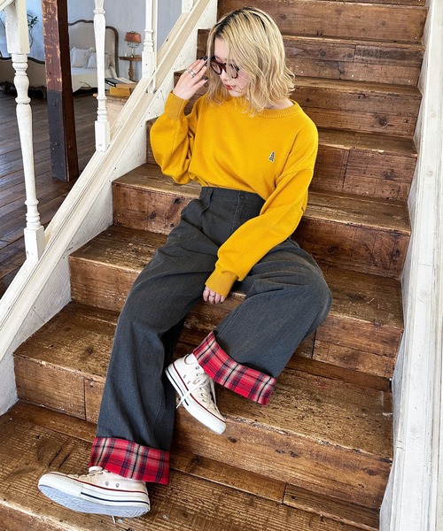 DOUBLE NAME(ダブルネーム)の「ヘリンボーンツイル×チェック タックワイドパンツ(その他パンツ・レディース・カーキ/オレンジ/ブラック・FREE)」の9枚目の写真