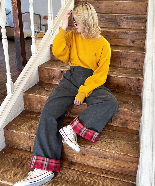 DOUBLE NAME(ダブルネーム)の「ヘリンボーンツイル×チェック タックワイドパンツ(その他パンツ・レディース・カーキ/オレンジ/ブラック・FREE)」の21枚目の写真