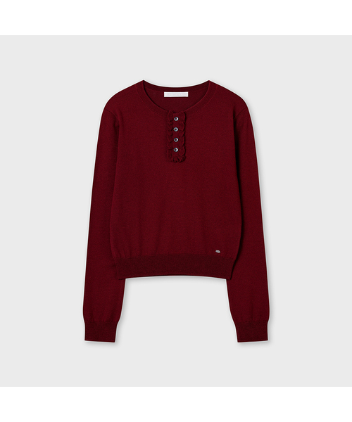 PLAC WOMEN(プレイス・ウィメン)の「フリルヘンリーネックスリムクロップニットバーガンディ(ニット/セーター・レディース・バーガンディー・SMALL/MEDIUM)」の1枚目の写真
