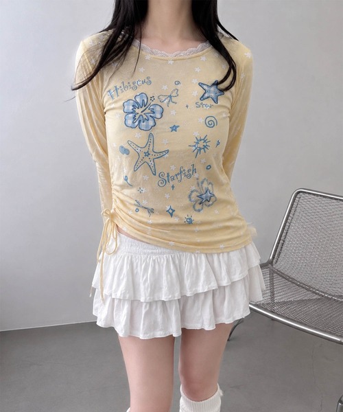 HOOK(フック)の「HOOK for girls 裾アシメシャーリング グラフィック ニットロンT(Tシャツ/カットソー・レディース・グレー/イエロー・FREE)」の3枚目の写真