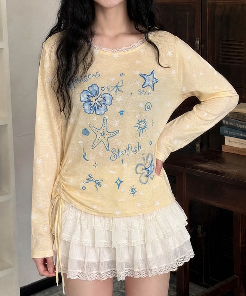 HOOK(フック)の「HOOK for girls 裾アシメシャーリング グラフィック ニットロンT(Tシャツ/カットソー・レディース・グレー/イエロー・FREE)」の6枚目の写真
