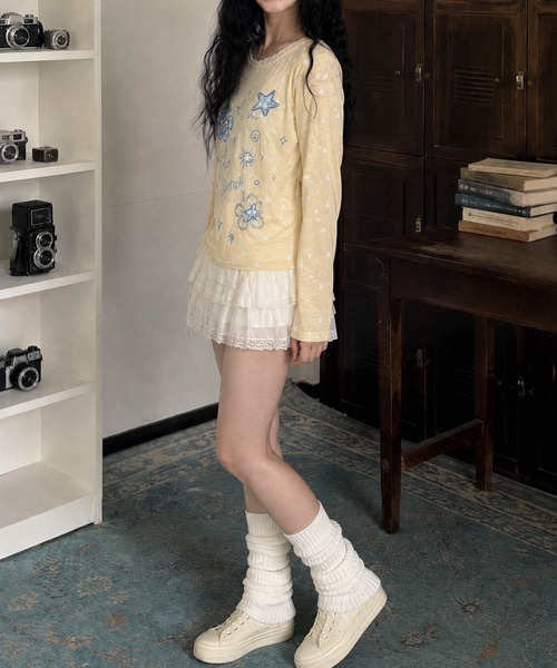 HOOK(フック)の「HOOK for girls 裾アシメシャーリング グラフィック ニットロンT(Tシャツ/カットソー・レディース・グレー/イエロー・FREE)」の7枚目の写真