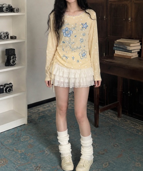 HOOK(フック)の「HOOK for girls 裾アシメシャーリング グラフィック ニットロンT(Tシャツ/カットソー・レディース・グレー/イエロー・FREE)」の8枚目の写真
