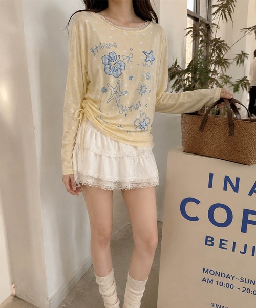 HOOK(フック)の「HOOK for girls 裾アシメシャーリング グラフィック ニットロンT(Tシャツ/カットソー・レディース・グレー/イエロー・FREE)」の9枚目の写真