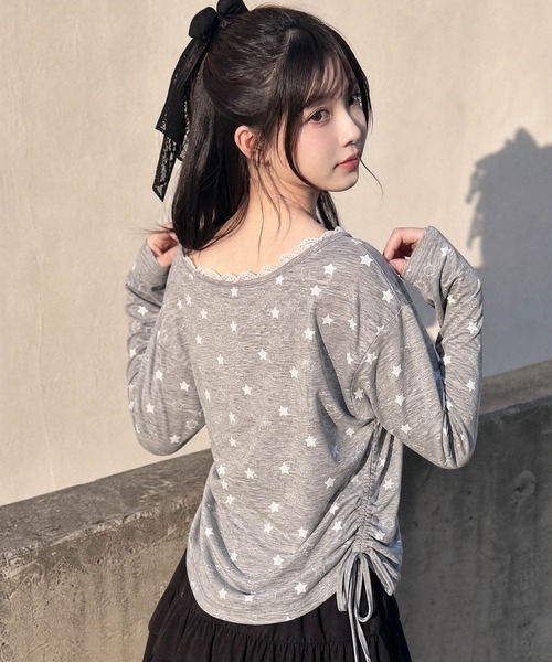 HOOK(フック)の「HOOK for girls 裾アシメシャーリング グラフィック ニットロンT(Tシャツ/カットソー・レディース・グレー/イエロー・FREE)」の10枚目の写真