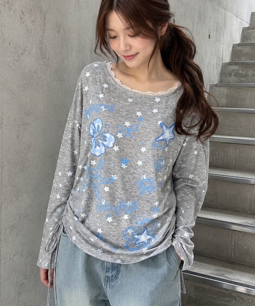 HOOK(フック)の「HOOK for girls 裾アシメシャーリング グラフィック ニットロンT(Tシャツ/カットソー・レディース・グレー/イエロー・FREE)」の15枚目の写真