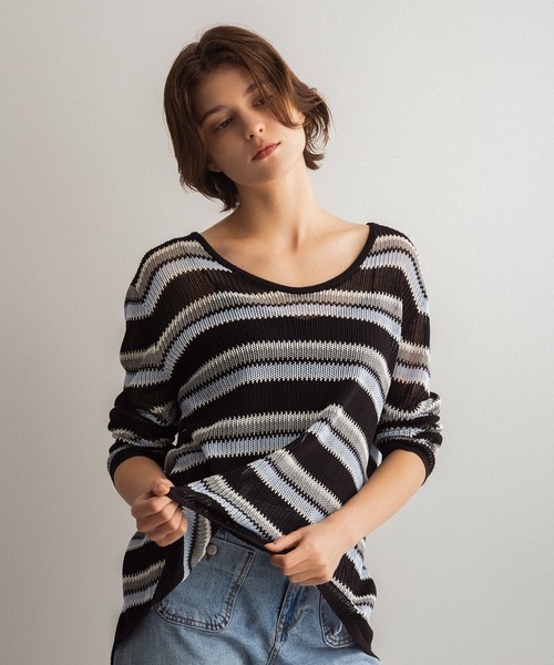 SERENO(セレーノ)の「シアーボーダーニットプルオーバー(ニット/セーター・レディース・ネイビー/ライトイエロー・ONE SIZE)」の2枚目の写真