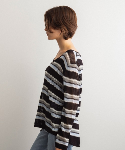 SERENO(セレーノ)の「シアーボーダーニットプルオーバー(ニット/セーター・レディース・ネイビー/ライトイエロー・ONE SIZE)」の11枚目の写真