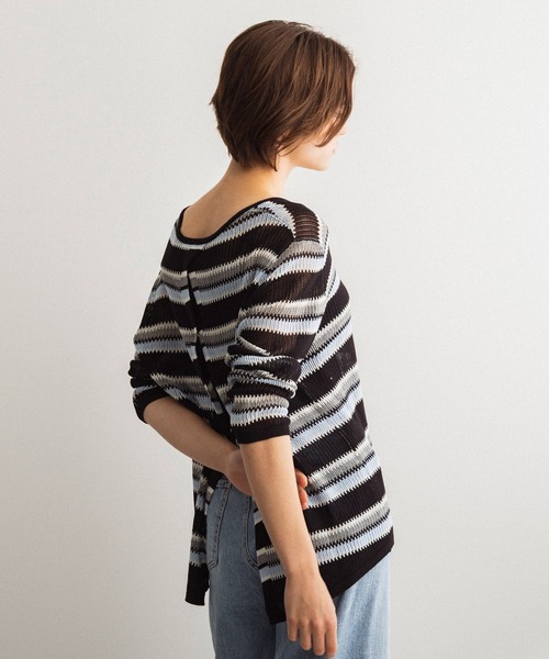 SERENO(セレーノ)の「シアーボーダーニットプルオーバー(ニット/セーター・レディース・ネイビー/ライトイエロー・ONE SIZE)」の10枚目の写真